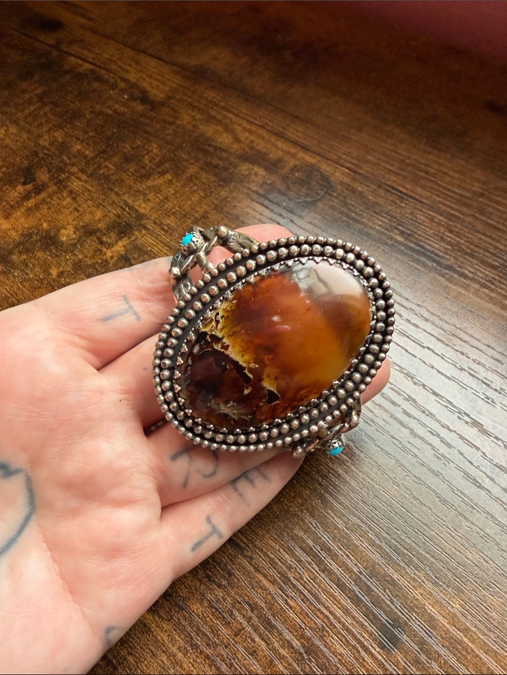 Turquoise sword and Amber Silver silver Women's cuff Bracelet